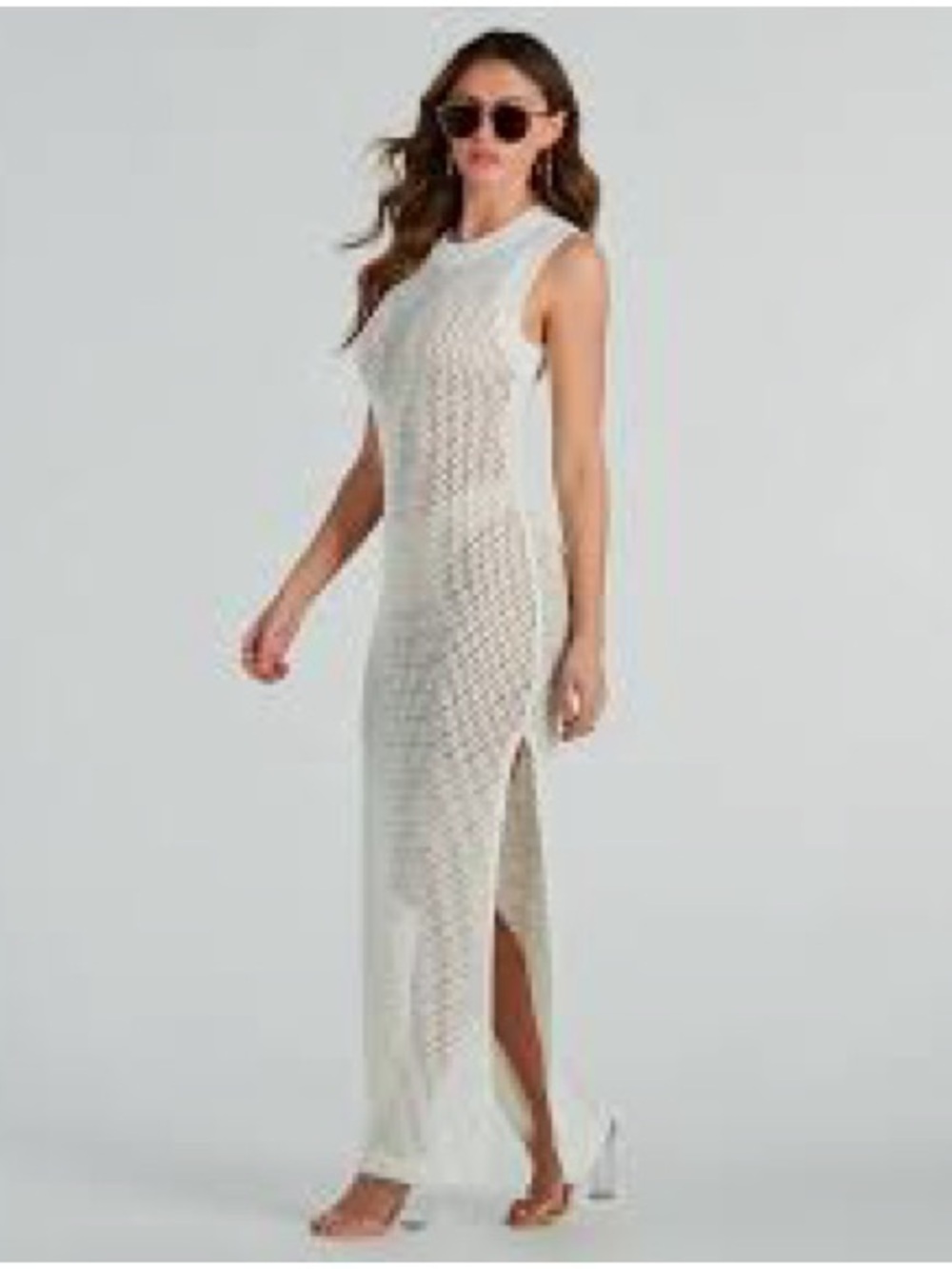 Sleeveless White Knit Crochet Maxi Dress with Side Slit Cover up
